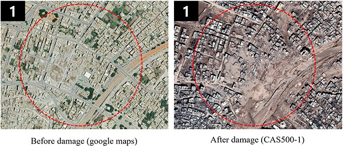 Satellite imagery provided by KARI showing before and after views of the affected Area No. 1 in Derna, Libya