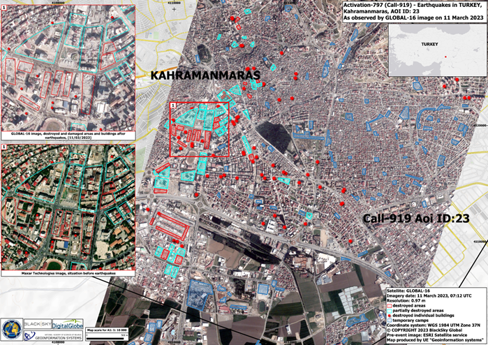 Satellite imagery from BlackSky depicts damaged assessed areas in Kahramanmaras, Türkiye, following the earthquake. Imagery captured on March 11, 2023 at 10:12 TRT. 